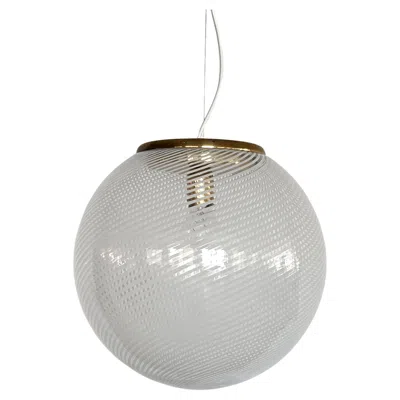Pre-owned Venini Italian Murano Glass Globe Chandelier With White Stripes And Brass, 1970s