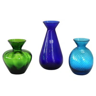 Pre-owned Venini Italian Set Of 3 Small Murano Glass Vase Signed  2012 With Original Label In Purple