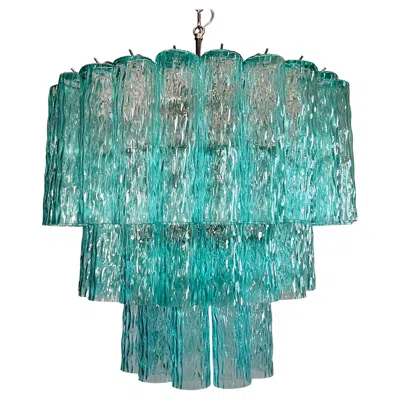 Pre-owned Venini Large Three-tier  Murano Turquoise Glass Tube Chandelier In Blue