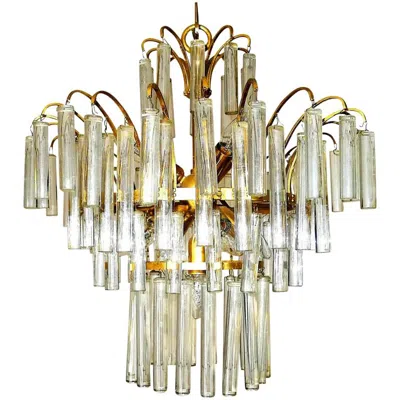 Pre-owned Venini Large  Camer Midcentury Gilt Brass 94 Crystal Rods Waterfall Chandelier In Sand