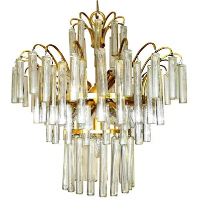 Pre-owned Venini Large  Camer Midcentury Gilt Brass 94 Crystal Rods Waterfall Chandelier In Sand