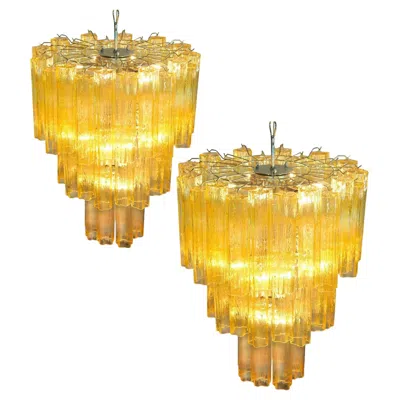 Pre-owned Venini Luxurious Pair Of Gold-colored Murano Chandeliers In Transparent