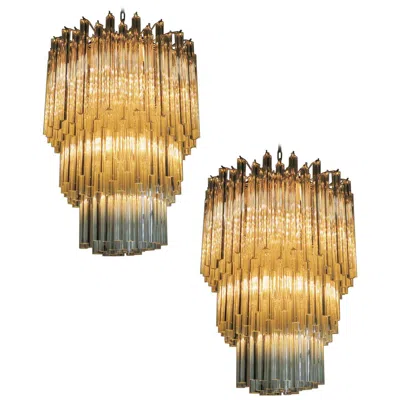 Pre-owned Venini Majestic Italian Pair Of Triedri Chandeliers, 184 Prism, Murano In Sand