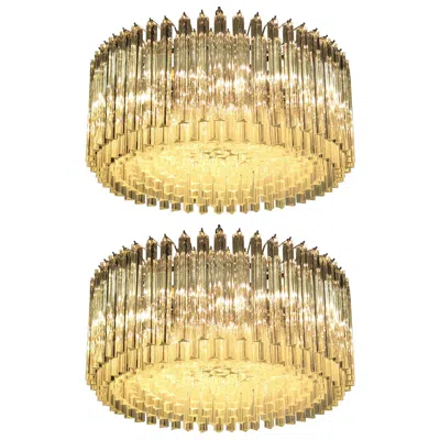 Pre-owned Venini Mid-20th Pair Italian Triedri Glass Chandeliers, 265 Trasparent Prism, Murano In Sand