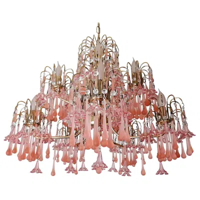 Pre-owned Venini Midcentury Italian Murano Pink Glass Flowers Waterfall Wedding Cake Chandelier