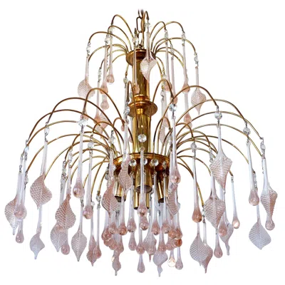 Pre-owned Venini Midcentury Italian Murano Pink Glass Leaves Waterfall Wedding Cake Chandelier