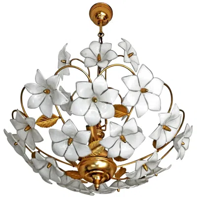 Pre-owned Venini Midcentury Italian Murano White Flowers Art Glass And Gilt Brass Chandelier