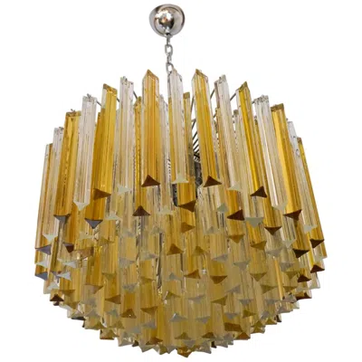 Pre-owned Venini Mid-century Modern Crystal Amber Murano Glass Triedri Chandelier, 1984s In Brown