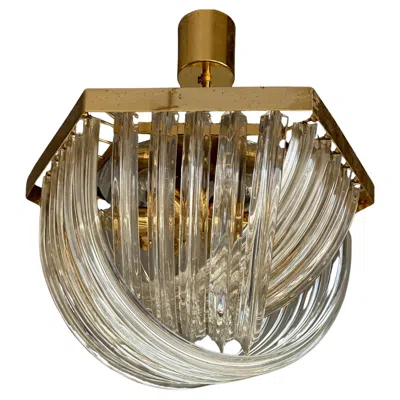 Pre-owned Venini Mid-century Murano Triedri Glass, Gilded Brass Chandelier By , Italy 1970s In Brown