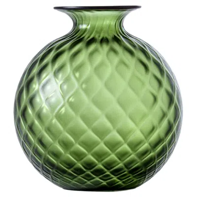 Pre-owned Venini Monofiore Balaton Sabbiato Short Glass Vase In Apple Green Red Thread By