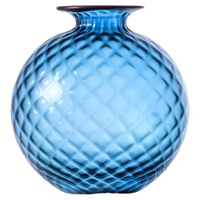 Pre-owned Venini Monofiore Balaton Sabbiato Short Glass Vase In Aquamarine Red Thread By