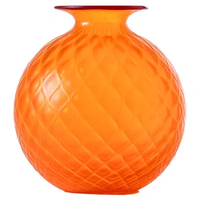 Pre-owned Venini Monofiore Balaton Sabbiato Short Glass Vase In Straw Yellow Red Thread By