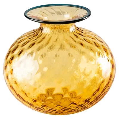 Pre-owned Venini Monofiore Balaton Short Glass Vase In Amber With Horizon Thread Rim By  In Brown