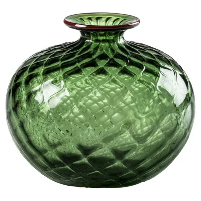 Pre-owned Venini Monofiore Balaton Short Glass Vase In Apple Green Red Thread Rim By
