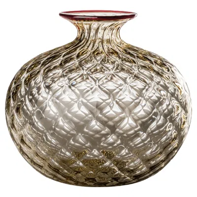 Pre-owned Venini Monofiore Balaton Short Glass Vase In Grey Red Thread Rim By