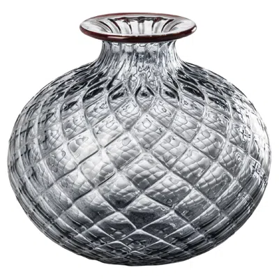 Pre-owned Venini Monofiore Balaton Short Glass Vase In Grey Red Thread Rim By