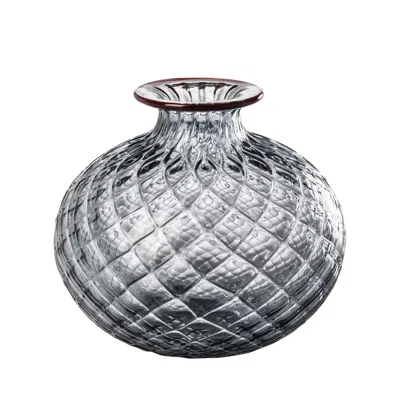 Pre-owned Venini Monofiore Balaton Short Glass Vase In Grey With Red Thread Rim By