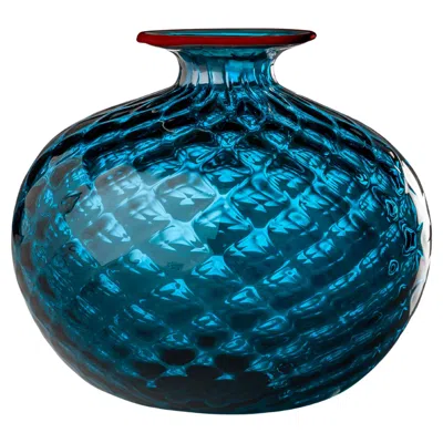 Pre-owned Venini Monofiore Balaton Short Glass Vase In Horizon Red Thread Rim By