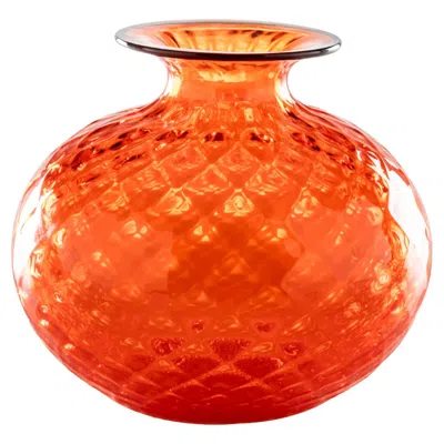 Pre-owned Venini Monofiore Balaton Short Glass Vase In Orange Red Thread Rim By