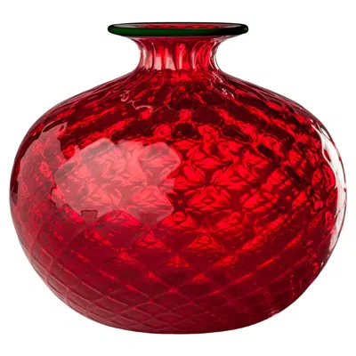 Pre-owned Venini Monofiore Balaton Short Glass Vase In Red Apple Green Thread Rim By