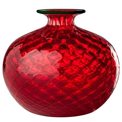 Pre-owned Venini Monofiore Balaton Short Glass Vase In Red With Green Thread Rim By