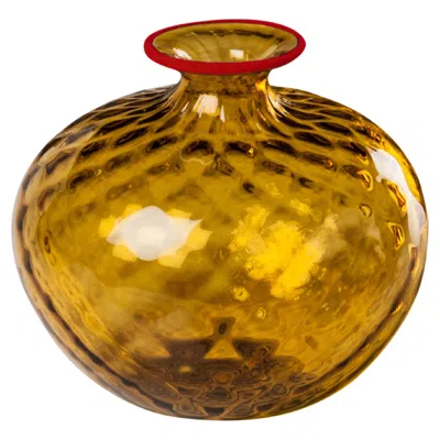 Pre-owned Venini Monofiore Balaton Short Glass Vase In Straw-yellow Red Thread Rim By