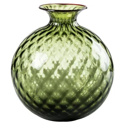 Pre-owned Venini Monofiore Balloton Medium Vase In Apple Green Red Thread Murano Glass