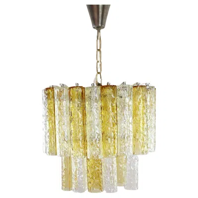 Pre-owned Venini Murano Amber And Clear Tronchi Chandelier  In Brown