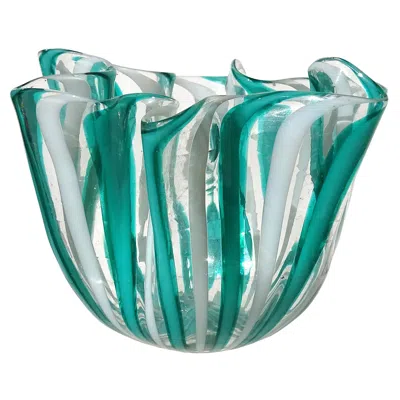 Pre-owned Venini Murano Bianconi Teal White Ribbons Italian Art Glass Fazzoletto Vase