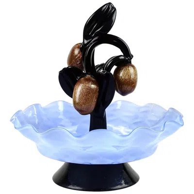 Pre-owned Venini Murano Blue Bowl Black Leafs Aventurine Fruit Italian Art Deco Glass Sculpture