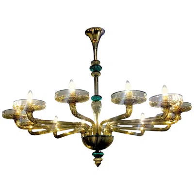 Pre-owned Venini Murano Chandelier Amber And Emerald Handblown Glass, 1960 In Green