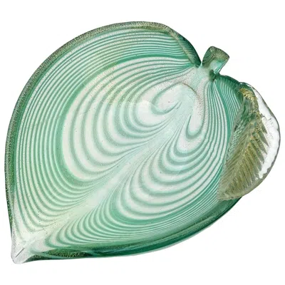 Pre-owned Venini Murano Green Fenicio Pulled Feather Gold Flecks Italian Art Glass Leaf Bowl