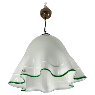 Pre-owned Venini Murano Milk Glass And Green "fazzoletto" Chandelier In The  Style, 1970s