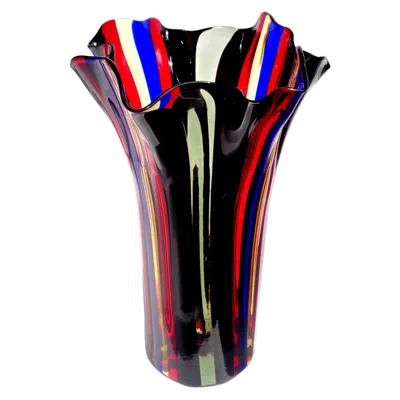 Pre-owned Venini Murano Oggetti Red Blue Yellow Black Gray Italian Art Glass Fazzoletto Vase