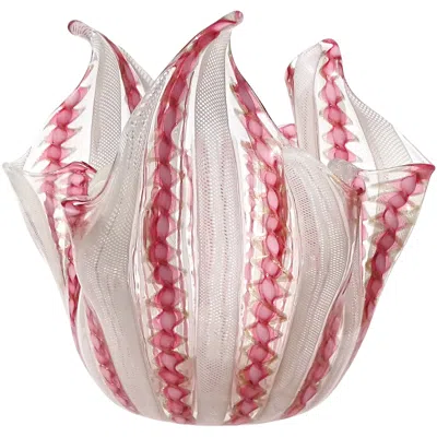 Pre-owned Venini Murano Pink White Aventurine Flecks Ribbons Italian Art Glass Fazzoletto Vase
