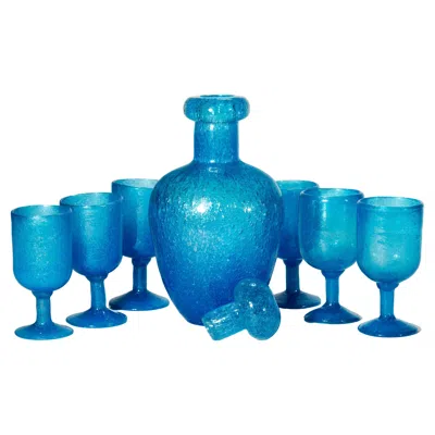 Pre-owned Venini Murano Pulegoso Blue Art Glass Decanter And 6 Footed Glasses