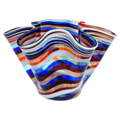 Pre-owned Venini Murano Rainbow Aventurine Flecks Swirl Ribbons Italian Art Glass Fazzoletto Vase In Transparent