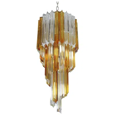 Pre-owned Venini Murano Vintage Chandelier – 54 Quadriedri Prisms Transparent And Amber In Brown
