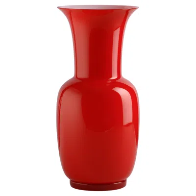 Pre-owned Venini Opalino Small Vase In Red Milk White Inside Murano Glass