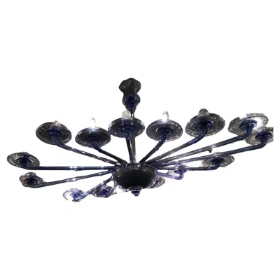 Pre-owned Venini Oval Blu Chandelier Murano Glass Iron Wood 1930 Italy In Black