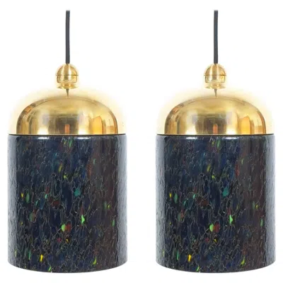 Pre-owned Venini Pair Gae Aulenti  Murano Blue Green Glass Brass Pendants Circa 1970