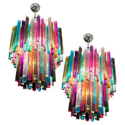 Pre-owned Venini Pair Italian Chandeliers Arlecchino Glass, Murano, 1970s In Brown