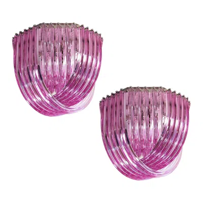 Pre-owned Venini Pair Murano Ceiling Linght Chandeliers, Pink Triedri, 20 Murano Glasses