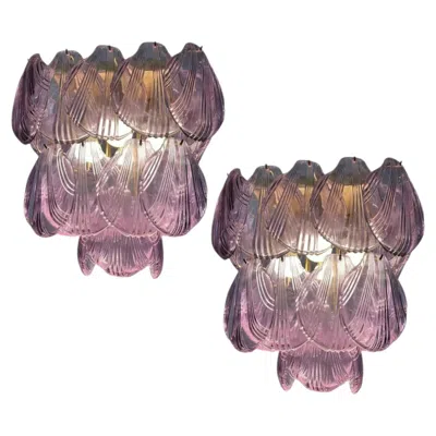 Pre-owned Venini Pair Murano Shell Glass Ceiling Light Chandeliers In Transparent