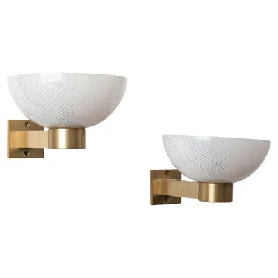Pre-owned Venini Pair Of 1960s Italian Brass & 'reticello' Murano Glass Wall Lights In Transparent