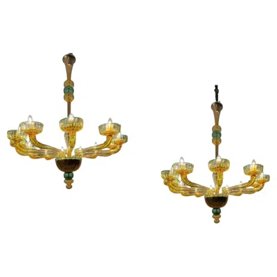 Pre-owned Venini Pair Of 1970s Amber And Emerald Chandelier, 12 Arms, Hand Blown Glass In Green