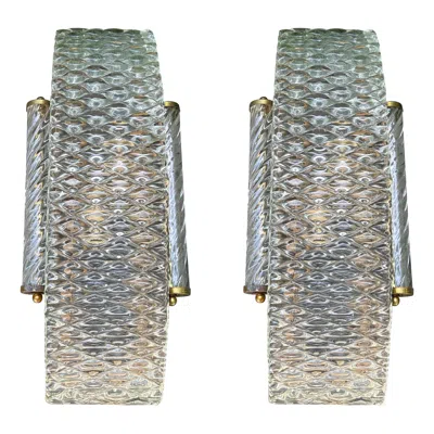 Pre-owned Venini Pair Of Art Deco Style Murano Glass Sconces In Transparent
