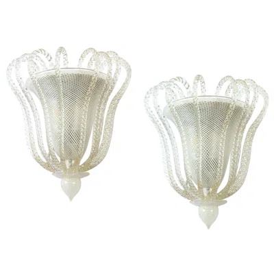 Pre-owned Venini Pair Of Art Deco  Reticello Murano Glass Sconces 1940s In Transparent