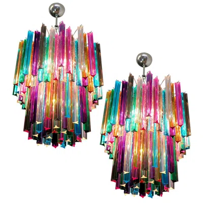 Pre-owned Venini Pair Of Chandelier Multi-color 107 Triedri, Murano, 1970s In Brown
