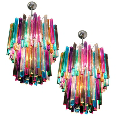 Pre-owned Venini Pair Of Chandeliers Multi-color 107 Triedri, Murano, 1970s In Brown
